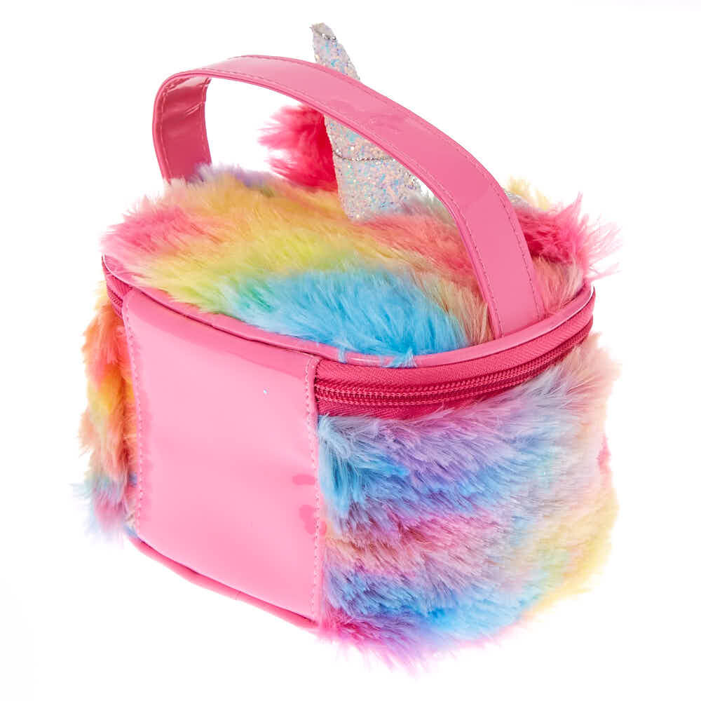 Trousse de maquillage licorne arc-en-ciel duveteuse,