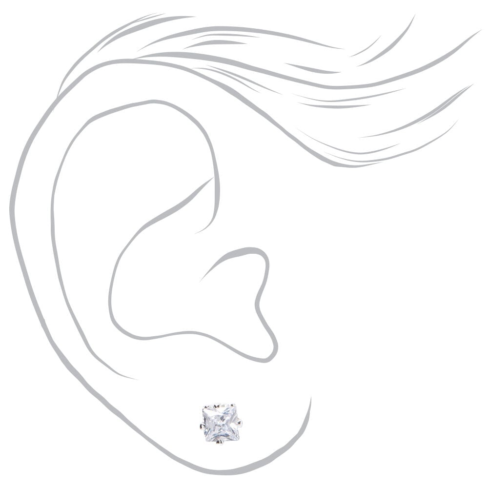 Silver Cubic Zirconia Square Magnetic Stud Earrings - 5MM,