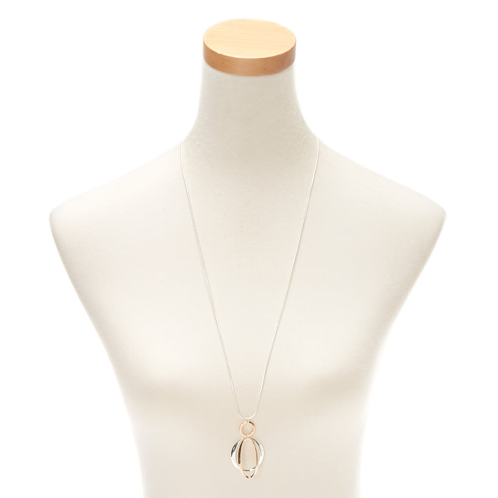 Silver Triple Ring Long Pendant Necklace,