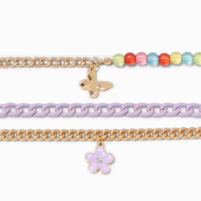 Gold Daisy &amp; Butterfly Curb Chain Bracelets - 3 Pack,