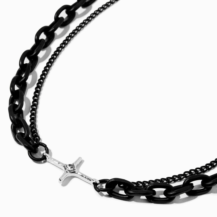 Silver Side Cross Black Chainlink Multi-Strand Necklace,
