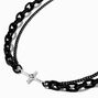 Silver Side Cross Black Chainlink Multi-Strand Necklace,