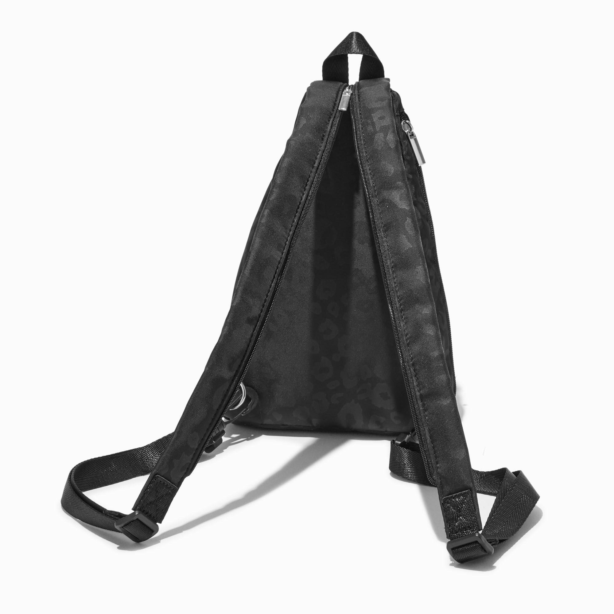 Black Cheetah Print Nylon Sling Backpack,