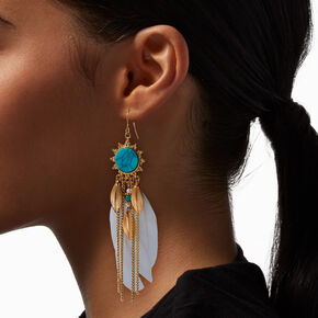 Turquoise &amp; White Feather Gold-tone 4&quot; Drop Earrings,