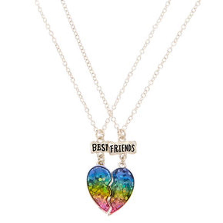Lot de 2&nbsp;colliers d&rsquo;amiti&eacute; &agrave; pendentifs c&oelig;ur &agrave; paillettes arc-en-ciel,