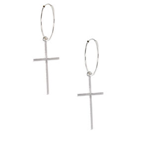 Silver 20MM Cross Charm Hoop Earrings,