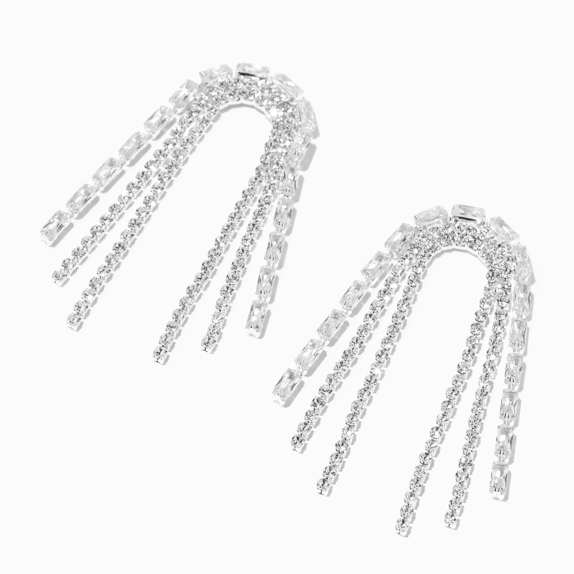 View Claires Tone Rhinestone 25 Horse Tail Fringe Drop Earrings Silver information
