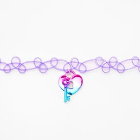 Heart Lock and Key Choker Necklace - Purple,