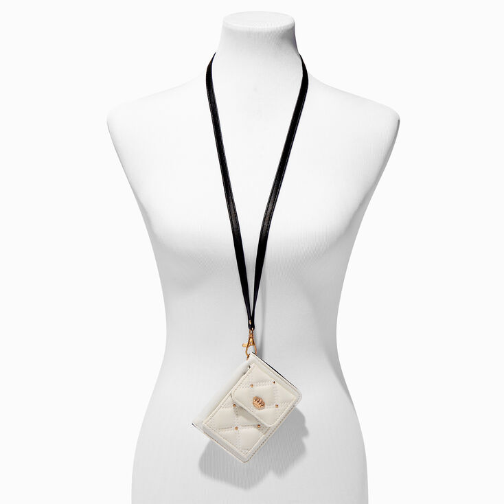 White Quilted Wallet With Lanyard,