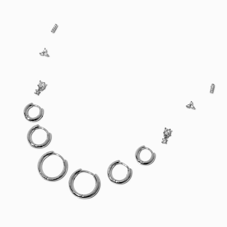 Silver-tone Cubic Zirconia Stud &amp; Clicker Hoop Earring Stackables Set - 6 Pack,