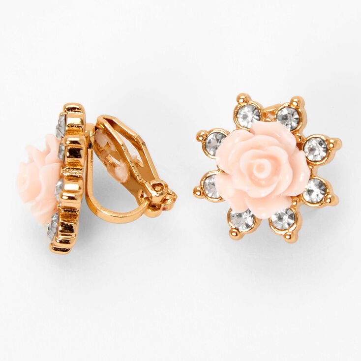 Gold Crystal Pink Rose Clip-On Earrings,