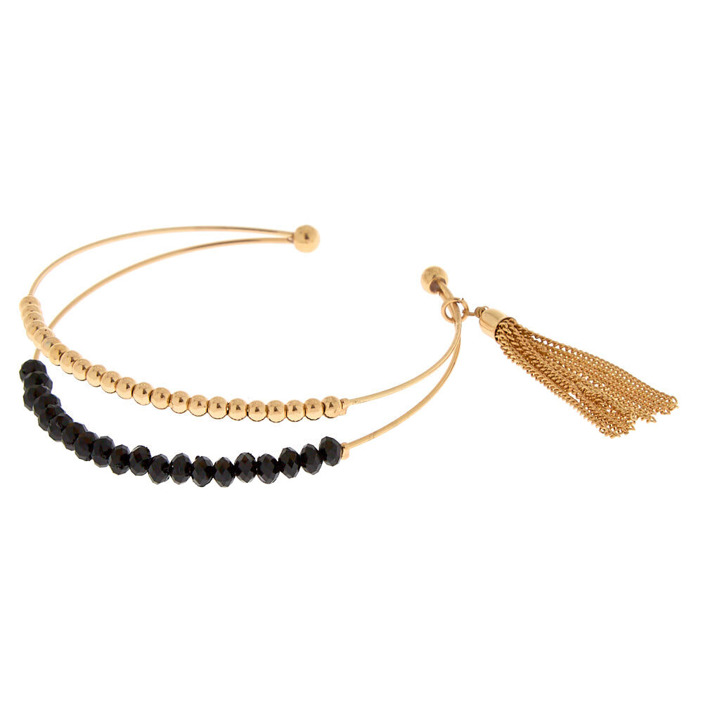 Gold Beaded Tassel Cuff Bracelet - Black,