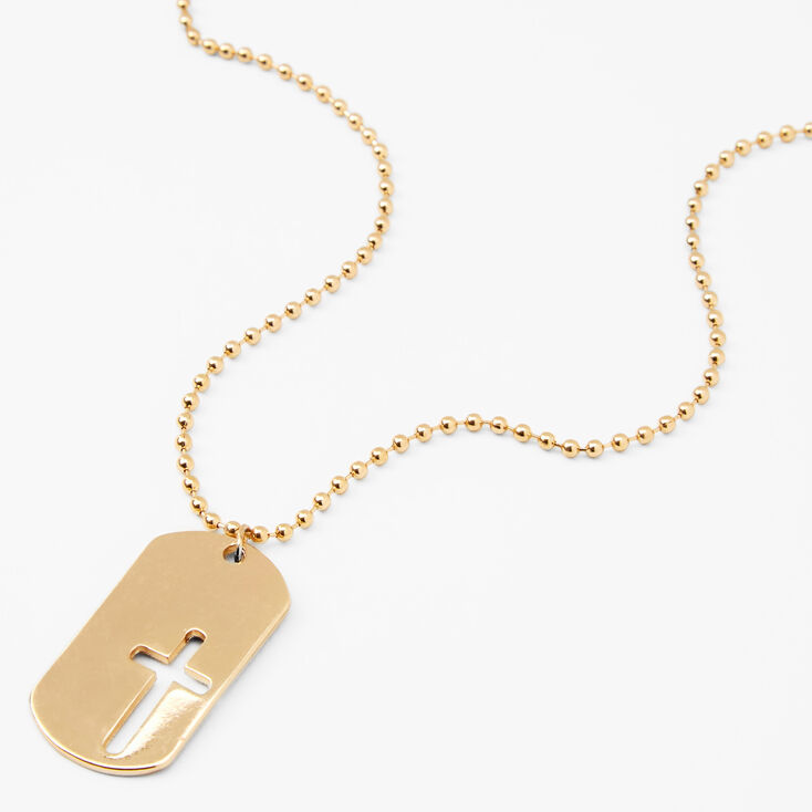 Gold-tone Cross Dog Tag Pendant Chain Necklace,