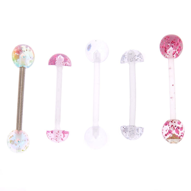 14G Pastel Glitter Tongue Rings - Clear, 5 Pack,