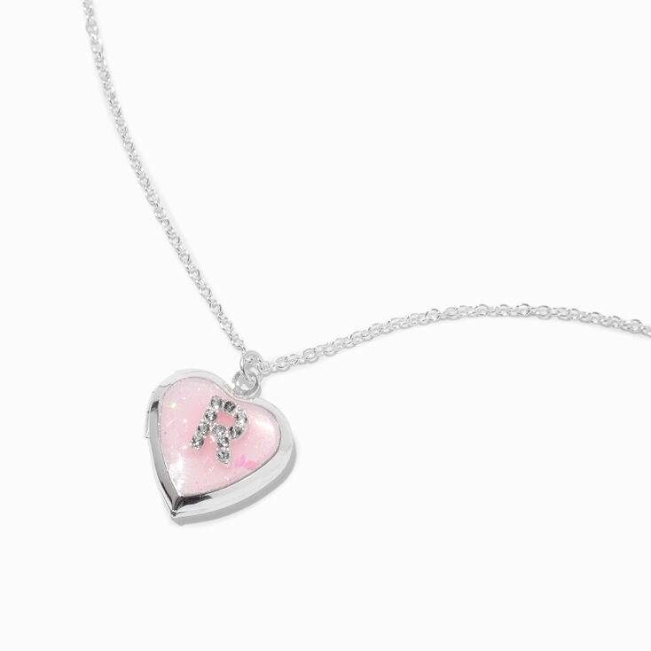 Pink Embellished Initial Glitter Heart Locket Necklace - R,