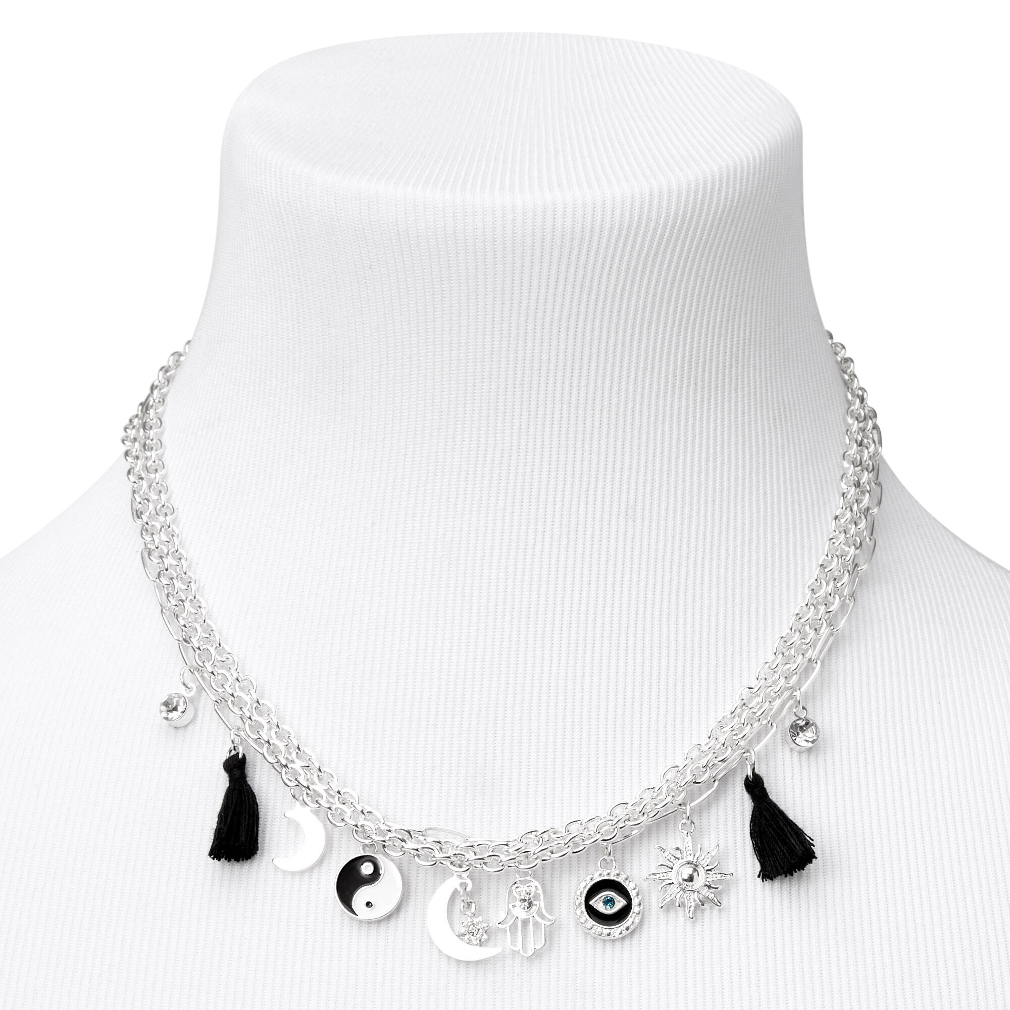 Silver-tone Yin Yang Evil Eye Multi-Strand Chain Necklace,