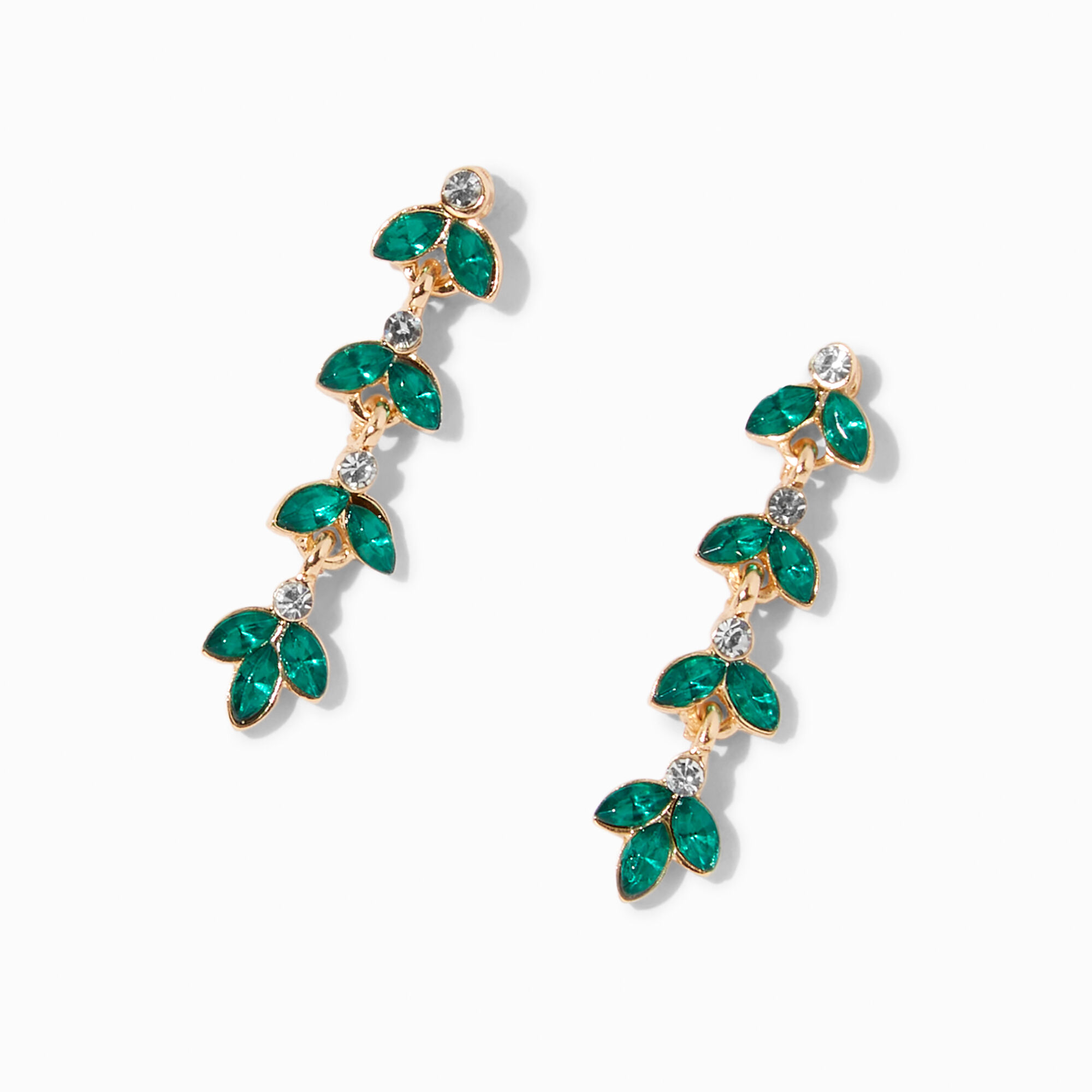 Green Crystal Leaf Linear Drop Earrings Claire s US