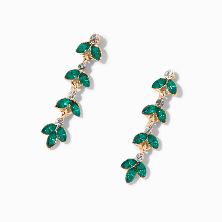 Green Crystal Leaf Linear Drop Earrings
