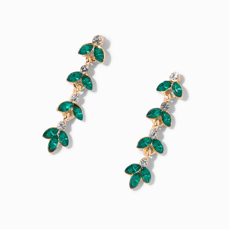 Green Crystal Leaf Linear Drop Earrings,