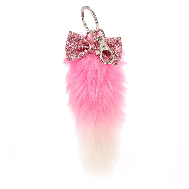 Porte-cl&eacute;s avec queue de renard en peluche rose et blanc,