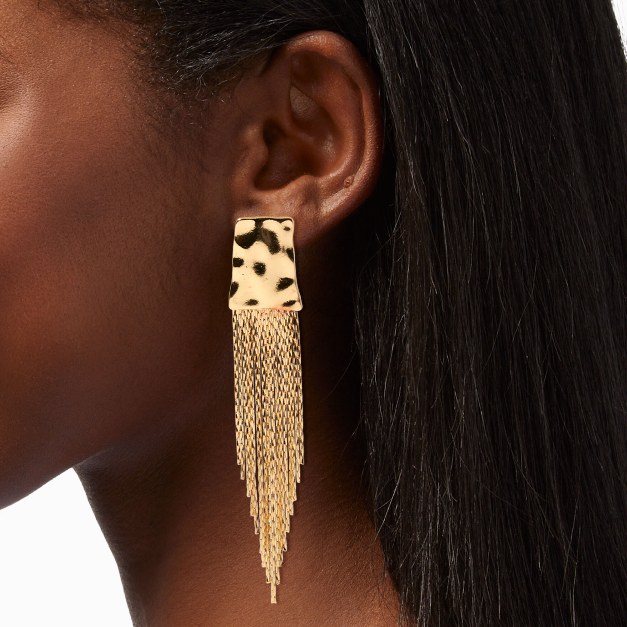 Gold-tone 5" Hammered Square Fringe Drop Earrings,