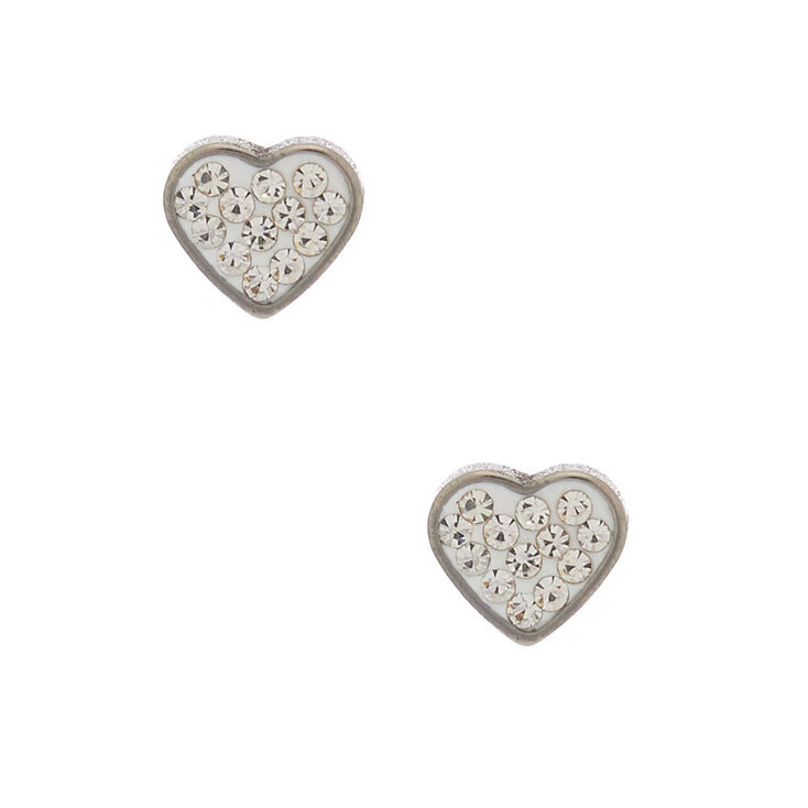 Silver Titanium Crystal Heart Stud Earrings - White,