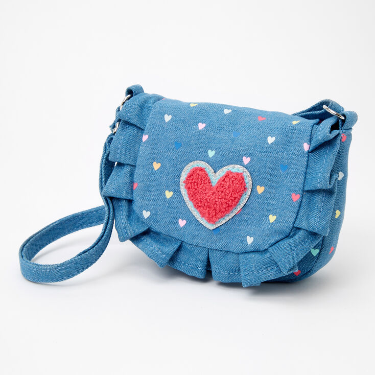 Claire&#39;s Club Ruffled Denim Heart Crossbody Bag - Blue,