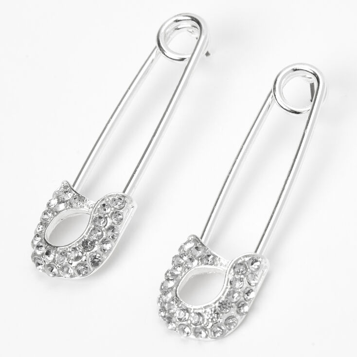 Silver 2&quot; Dainty Safety Pin Drop Earrings,