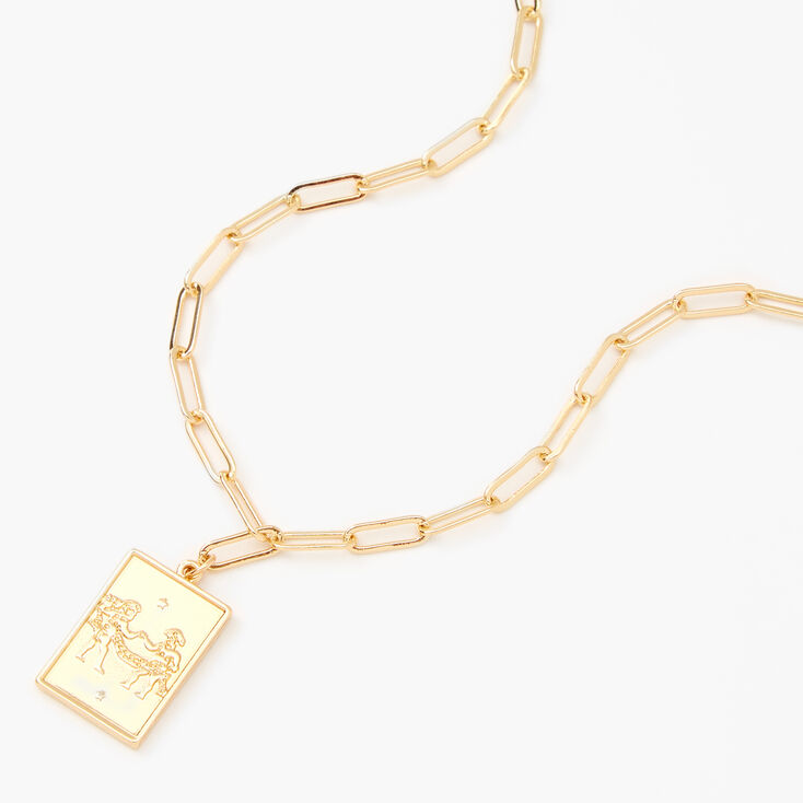 Gold Rectangle Zodiac Symbol Pendant Necklace - Gemini,