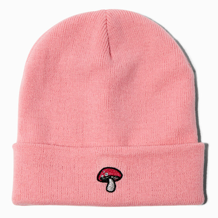 Embroidered Mushroom Pink Beanie Hat