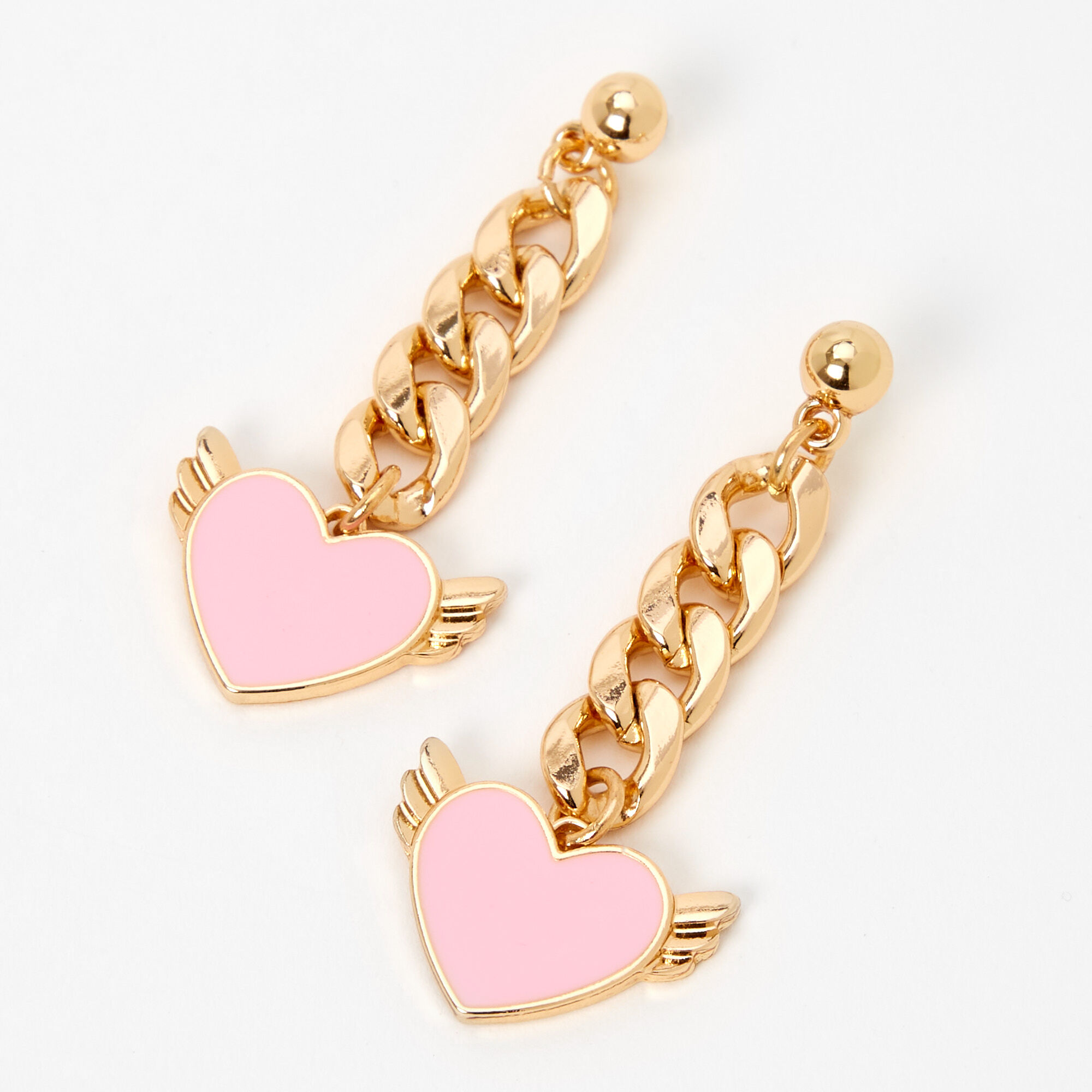 Gold Chain Link Pink Heart 2" Drop Earrings,