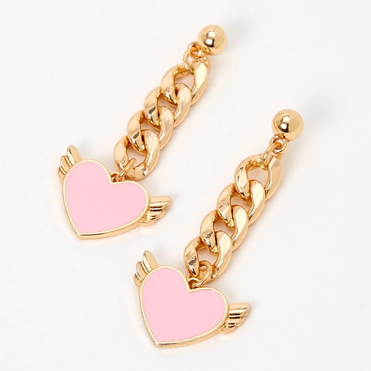 Gold Chain Link Pink Heart 2&quot; Drop Earrings,
