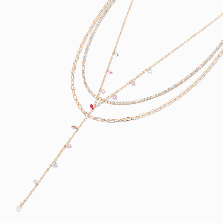 Pink Crystal Y-Neck Gold Multi-Strand Necklace,