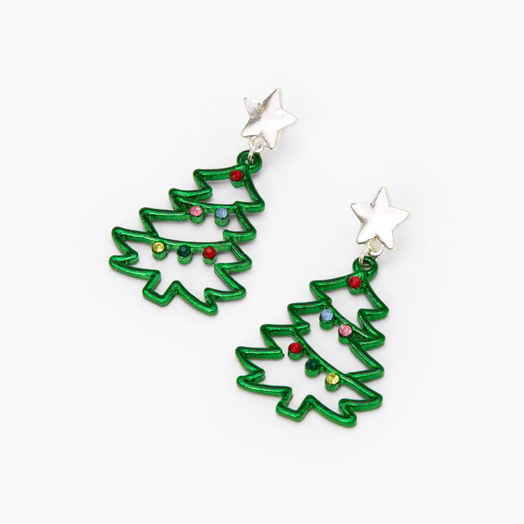 Silver 1&quot; Christmas Tree Drop Earrings - Green,