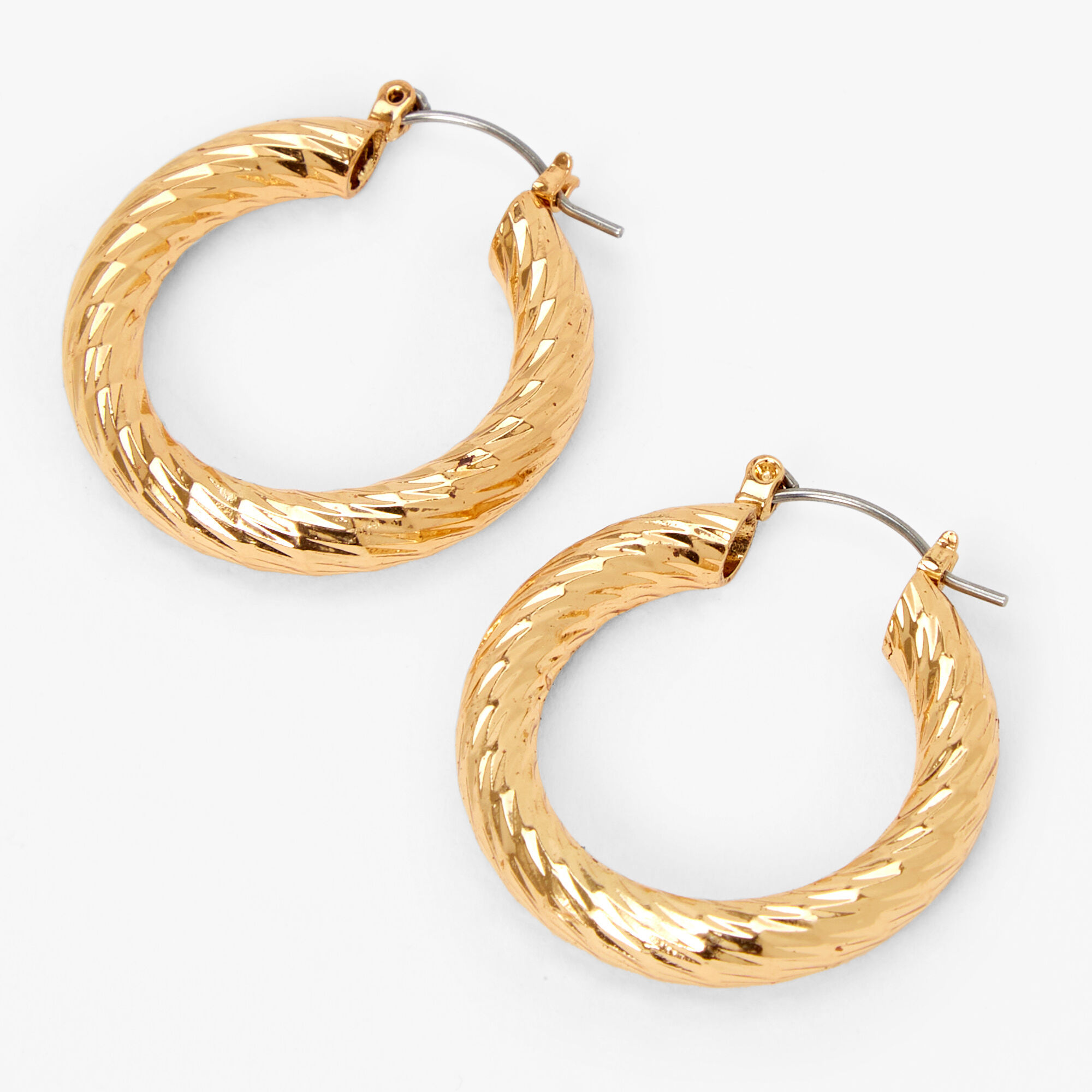 View Claires 20MM Laser Cut Textured Tube Hoop Earrings Gold information
