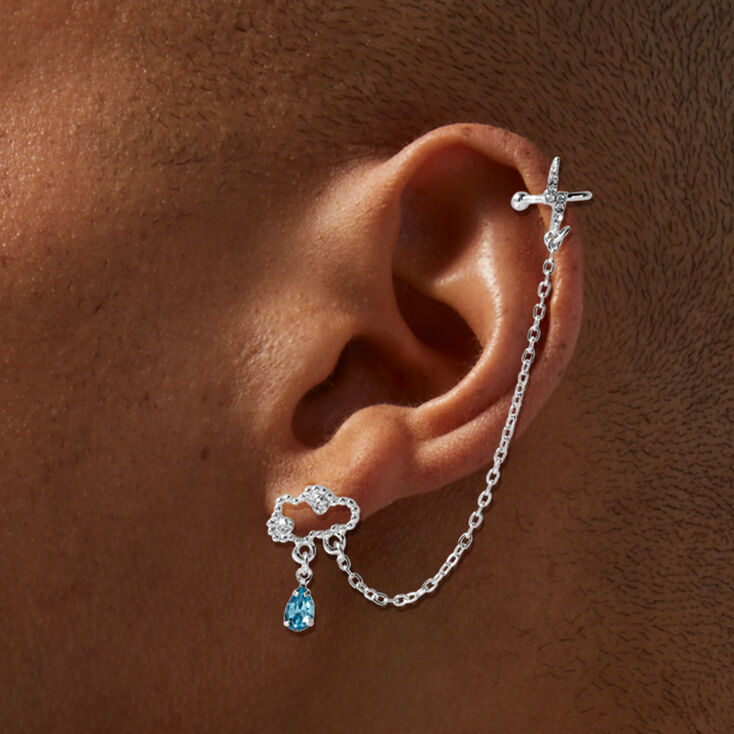 Silver Rain Cloud Blue Drop Ear Cuff Connector Chain Earrings,