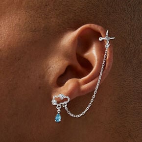 Silver-tone Rain Cloud Blue Drop Ear Cuff Connector Chain Earrings,