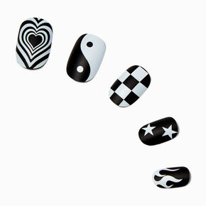 Black &amp; White Y2K Medium Oval Vegan Faux Nail Set - 24 Pack,
