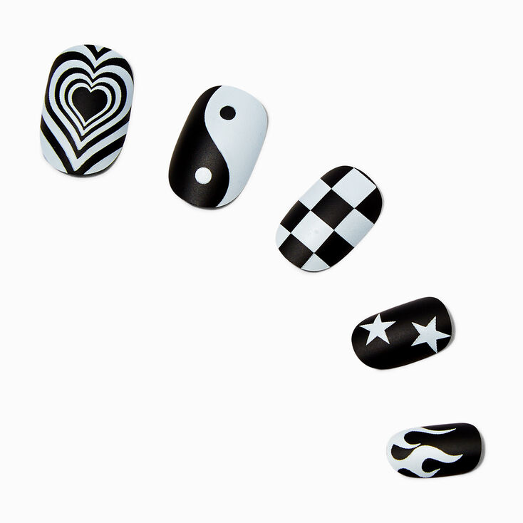 Black &amp; White Y2K Medium Oval Vegan Faux Nail Set - 24 Pack,