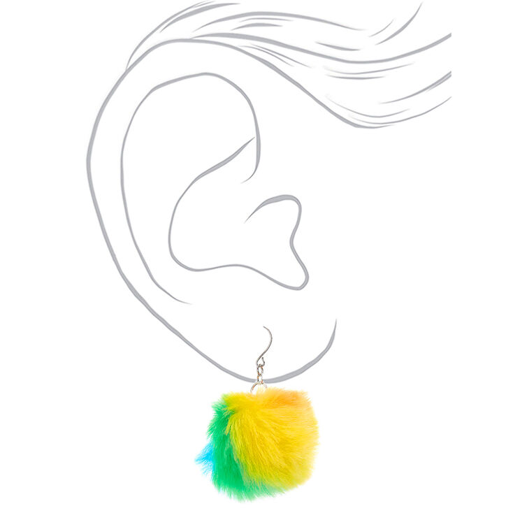 Silver 2&quot; Rainbow Pom Pom Drop Earrings,