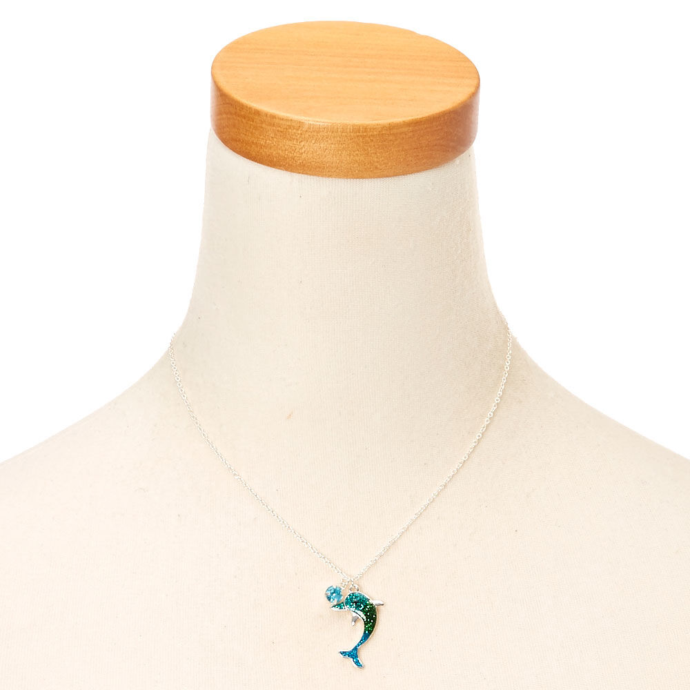Silver Ombre Glitter Dolphin Pendant Necklace - Blue,