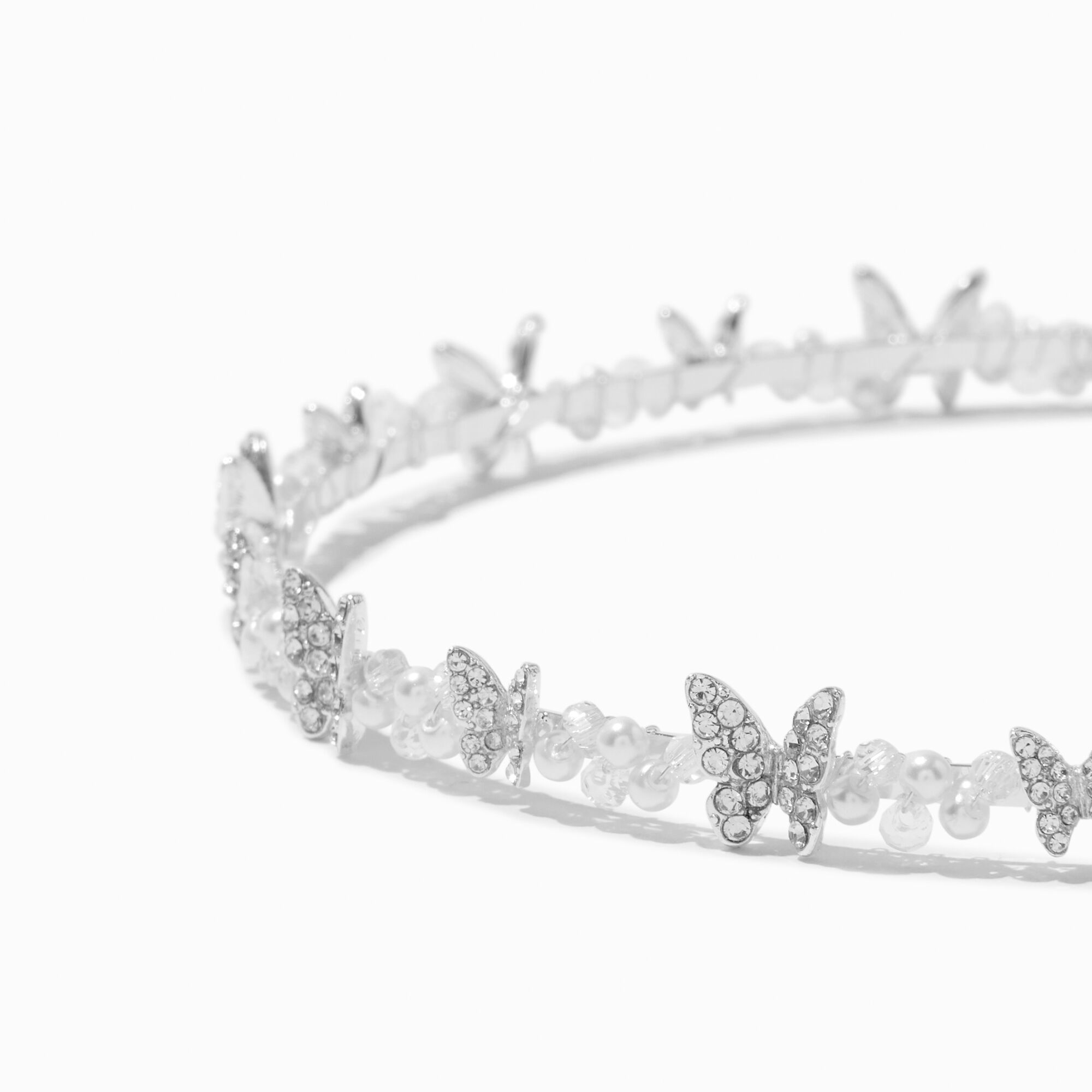 View Claires Tone Crystal Butterfly Pearl Headband Silver information