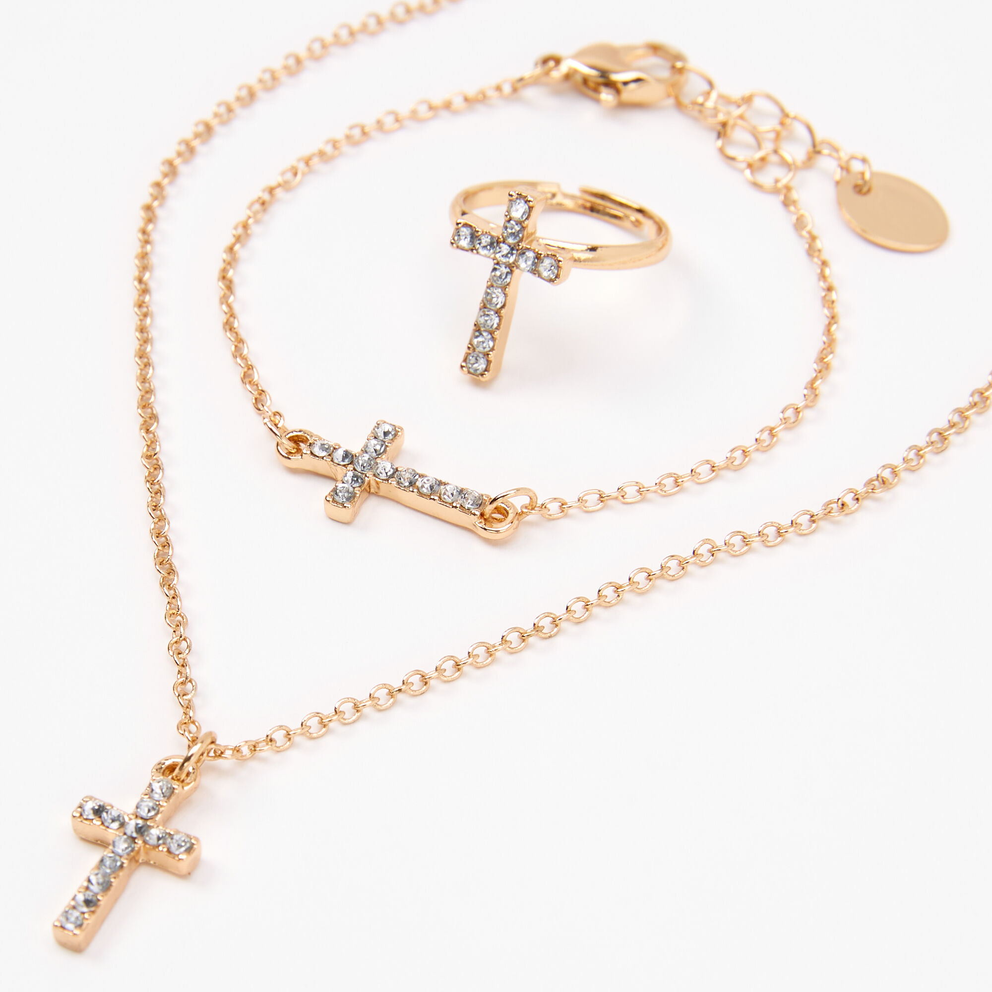 Claire\'s Club Gold Embellished Cross Jewelry Set - 3 Pack | Claire\'s US