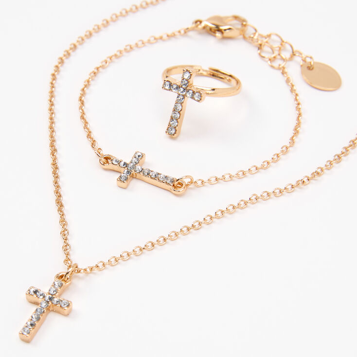 Claire&#39;s Club Gold Embellished Cross Jewelry Set - 3 Pack,