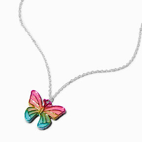 Silver-tone Anodized Rainbow Butterfly Pendant Necklace,