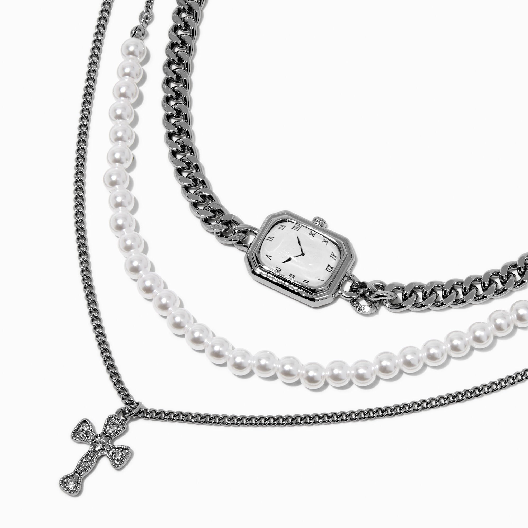 Collier multi-rangs horloge superposé couleur argentée,