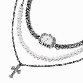Silver-tone Layered Clock Multi-Strand Necklace,