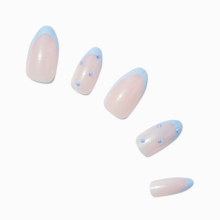Blue Chrome French Tip Bling Stiletto Vegan Faux Nail Set - 24 Pack,