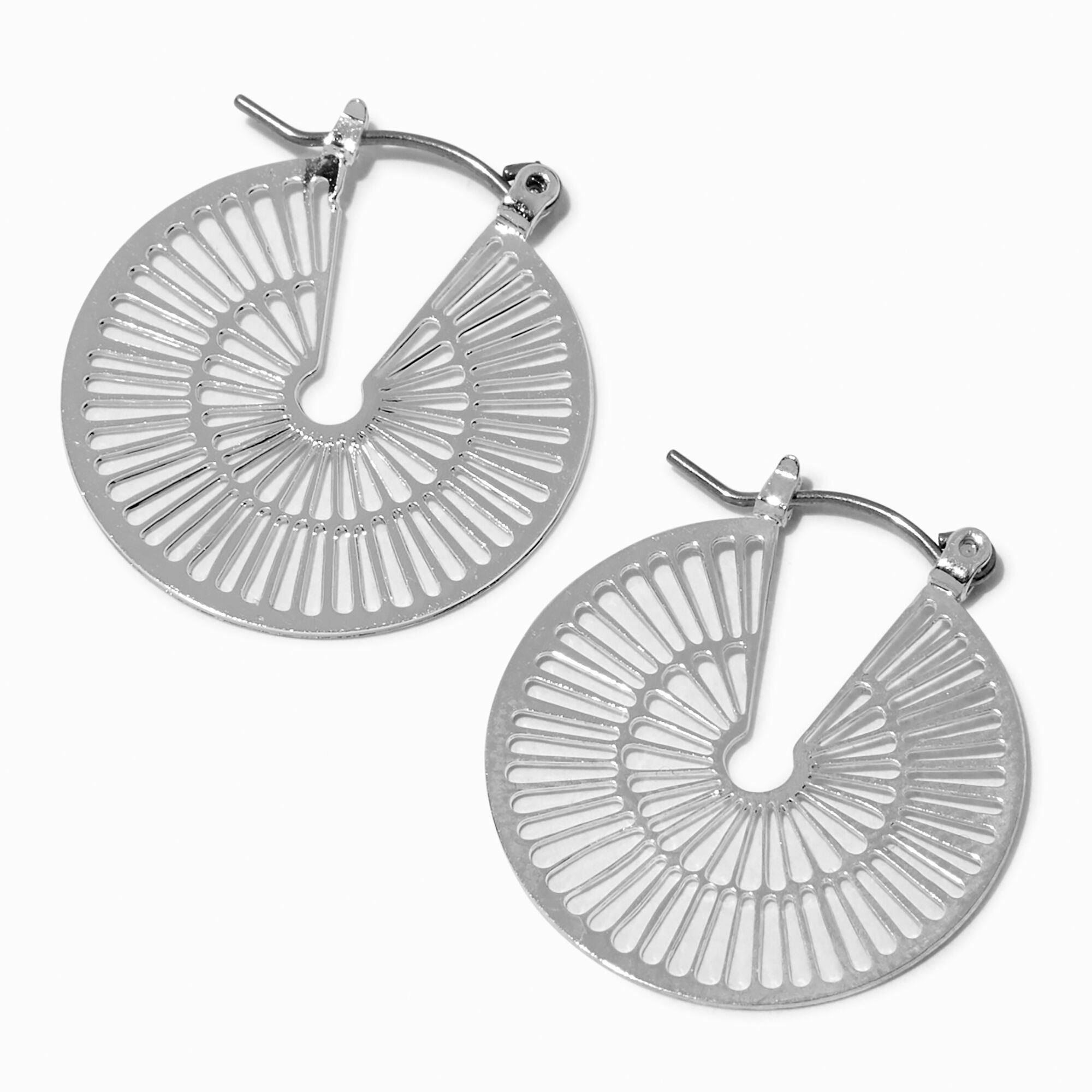View Claires Tone 40MM Laser Cut Hoop Earrings Silver information