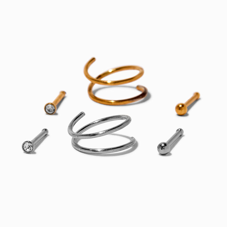 20G Mixed Metal Titanium Cubic Zirconia Nose Studs &amp; Double Hoops - 6 Pack,